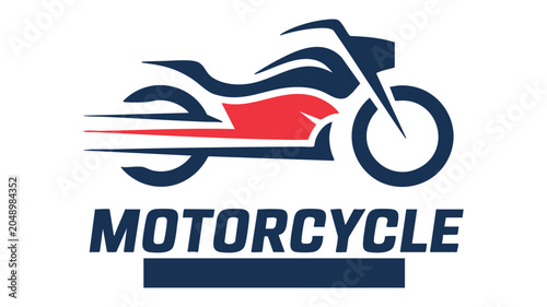 Motorcycle Logo with Blue and Red Racing Stripes, Stylized Wheel and Handlebars, and Motorgycle Wordmark