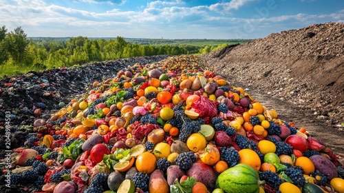 Vast colorful mountain of discarded fruits and vegetables piled high in a sprawling landfill under a blue sky.
