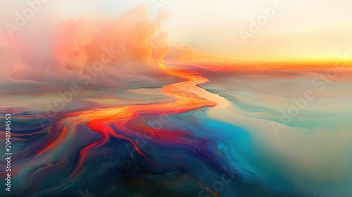 Vibrant abstract river of colors flowing through a surreal dreamscape with ethereal clouds and soft light