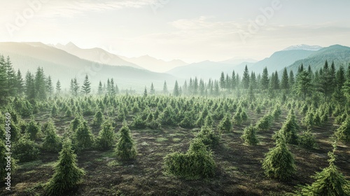 Vast young forest undergoing reforestation with countless saplings in a misty, mountainous landscape, signifying environmental restoration and renewal.