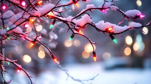 Vibrant Christmas Lights Adorning Snow-Covered Branches in a Magical Winter Night Scene