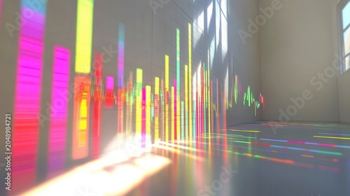 Vibrant Spectrum of Light Projections Forming Abstract Bar Graph Shapes on a Clean Surface