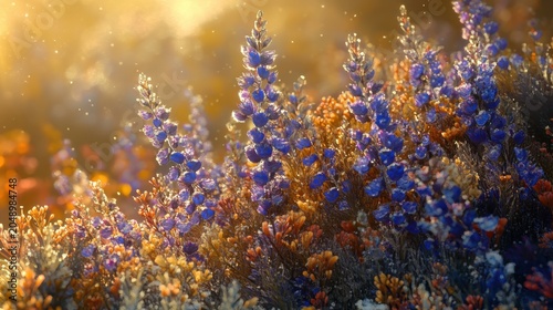 Vibrant wildflowers in full bloom along a sun-drenched riverbank showcasing a colorful meadow display.