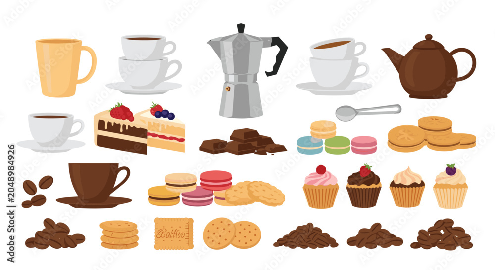 Obraz premium Delicious assortment of coffee drinks and sweet desserts includes cakes, macarons, cupcakes, and roasted beans.