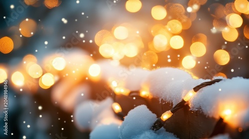Winter Holiday Christmas Lights Illuminated Snow Covered Fence Soft Warm Glow