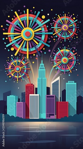 Colorful City Skyline with Geometric Fireworks and Confetti - Paper Cut Style New Year Celebration Vector Illustration