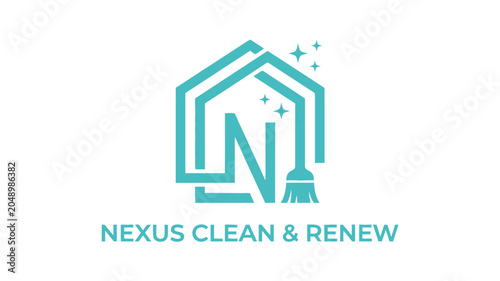 Konstfotografi A logo features a house with a broom and sparkles for Nexus Clean & Renew servic