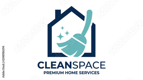 фотографія A cleaning service logo features a house with a broom and hand