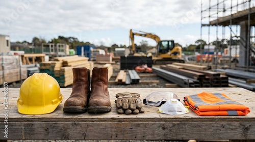 Construction Personal Protective Equipment Collection with Hard Hat Safety Boots Gloves Goggles Respirator Mask and Reflective Vest on Construction Site Background