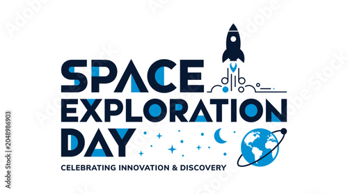 Space Exploration Day Logo with Rocket, Earth, Stars, and Moon
