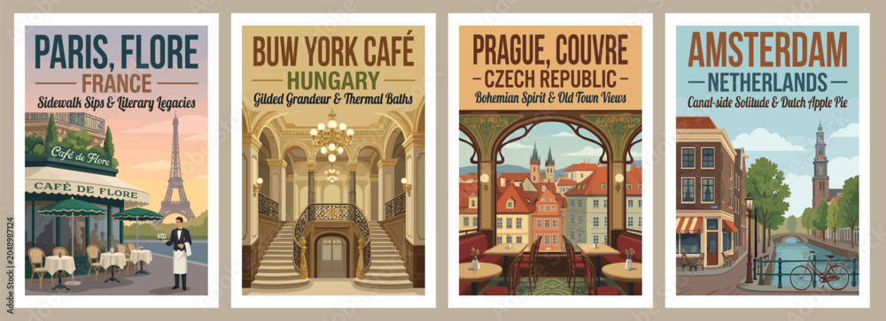 Obraz premium Vintage style europe cafes travel poster set. Flat vector illustrations of paris sidewalk terrace with landmark tower, budapest palace, prague, and amsterdam canal.