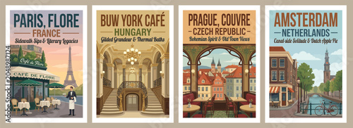 Vintage style europe cafes travel poster set. Flat vector illustrations of paris sidewalk terrace with landmark tower, budapest palace, prague, and amsterdam canal.