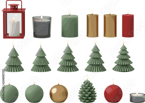 Quadro su tela Christmas Holiday Decorative Candle Vector Set with Tree Pinecone Sphere and Lan