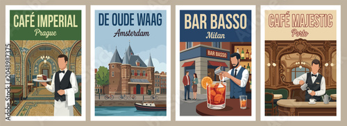 Vintage style europe cafes and bars travel poster set. Flat vector illustrations of prague bistro, amsterdam canal, milan cocktail bar, and porto.