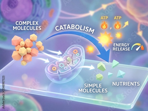 Cellular Catabolism Process Illustrating Energy Release and Molecular Breakdown of Nutrients for Metabolic Biological Study