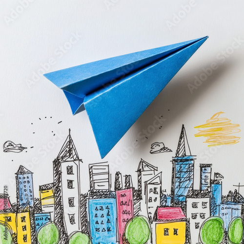Creative flight of imagination paper airplane over urban landscape art illustration bright atmosphere aerial perspective inspiration