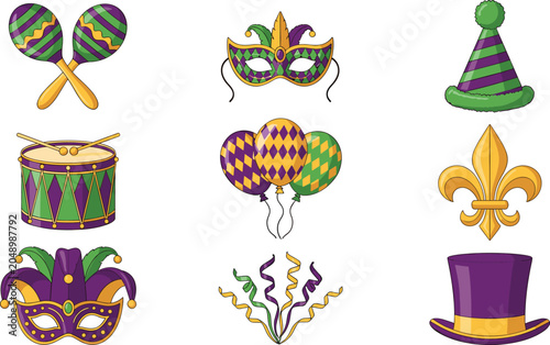 Bild auf Leinwand Mardi Gras Carnival Festive Elements Vector Set with Purple Green and Gold Masqu