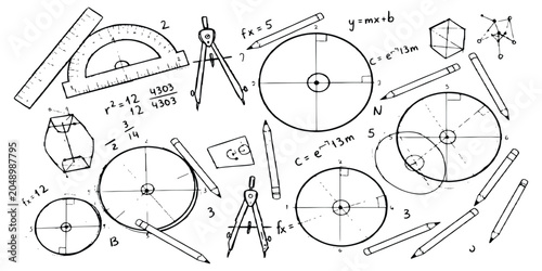 Geometry tools protractor compass ruler with math formulas and technical drawing elements vector illustration.