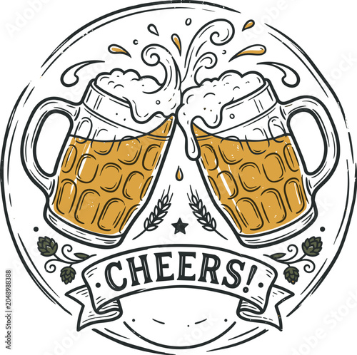 Vintage Oktoberfest Cheers Beer Mug Emblem Vector Design with Foamy Mugs Toasting Wheat Hops and Retro Ribbon Banner Graphic Illustration