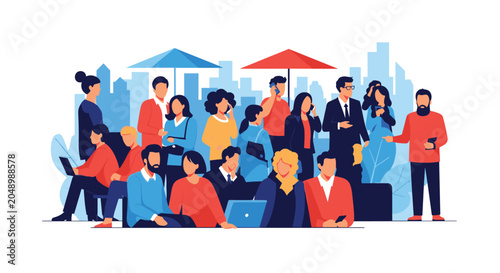 Large diverse crowd of people in an urban city setting with building silhouettes and umbrellas in the background.