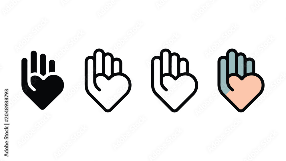 Fototapeta premium Collection of four graphic illustrations representing a hand forming a heart shape in various styles and colors
