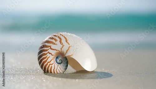 Close-up seashell on sandy beach with turquoise ocean waves in background