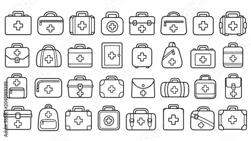 First aid kit line icon set. Medical bags, emergency cases, cross boxes, healthcare pouches outline vector illustrations. Symbols for rescue equipment on white background.