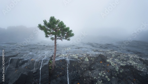 Lonely tree standing in misty foggy field with wet grass and overcast sky