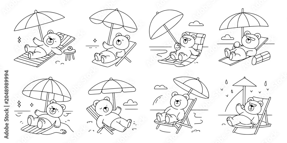 Fototapeta premium Umbrella Camping Icon Set with Cute Bear and Mouse Characters, Sunny Sky, Travel Luggage and Line Doodle Style