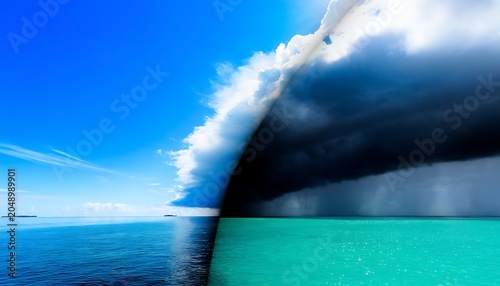 Massive ocean wave crashing against vertical cliff under bright blue sky