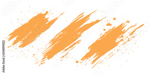Abstract vibrant orange grunge brush strokes and paint splatters texture background vector illustration design template.