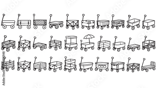 Beach wagon line icon set. Garden cart, folding wagon, utility trolley, handcart, outdoor cart outline vector illustrations. Symbols for camping transport on white background.