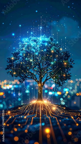 Illuminated tree with glowing circuit lines set against a cityscape