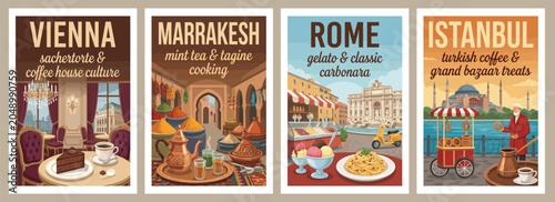 Vintage food and cafe travel poster set. Flat vector illustrations of vienna sachertorte coffee, marrakesh mint tea, rome carbonara, and istanbul treats.
