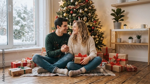 Couple sharing joyful moment while sitting on floor surrounded by Christmas presents near decorated tree