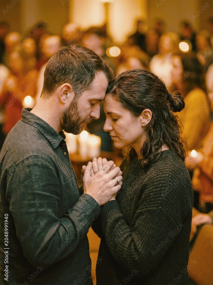Fototapeta premium Couple in Intimate Prayer Moment During Church Service with Soft Candlelight