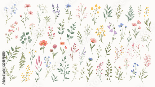 Hand painted Floral set with colorful wild flowers and elegant branch. Botanical foliage for wedding invitation or wall art. Vector illustration