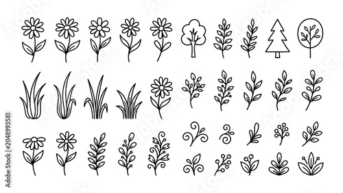 Foto Minimalist floral line art icon set with hand drawn flowers leaves trees and gra