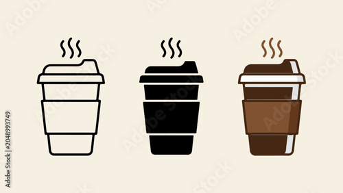 Canvas-taulu Coffee cup vector icons in outline, silhouette, and colored styles with steam fo