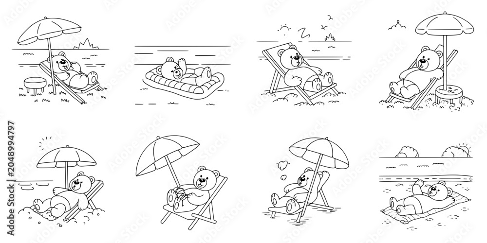 Fototapeta premium Umbrella Beach Doodle Set with Cute Animals Lying Relaxing and Playful Waves for Kids Summer Coloring Page