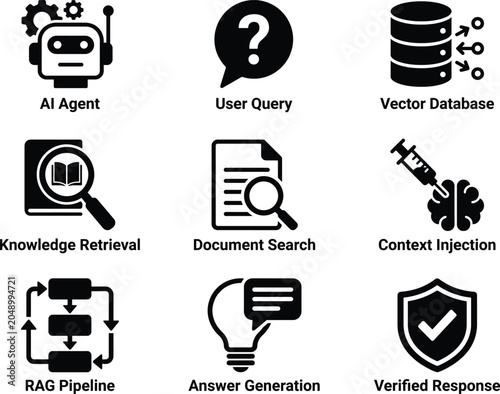 AI agent vector database user query knowledge retrieval document search context injection RAG pipeline answer generation verified response icons.