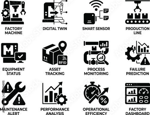 Industrial icons factory machine digital twin smart sensor production line equipment status asset tracking process monitoring.