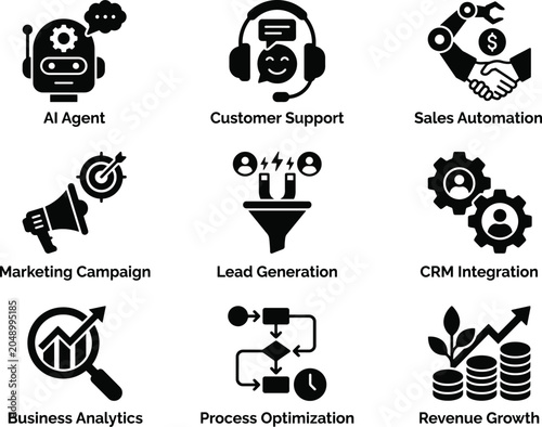 Business automation and digital management vector icon set for customer relationship marketing analytics revenue growth tools.