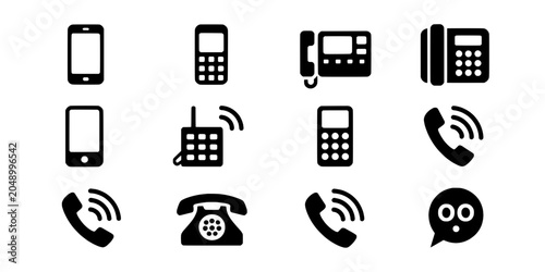 Phone Icon Set with Black Silhouettes, Handset, Keypad, Call and Chat Symbols for Communication App Ui