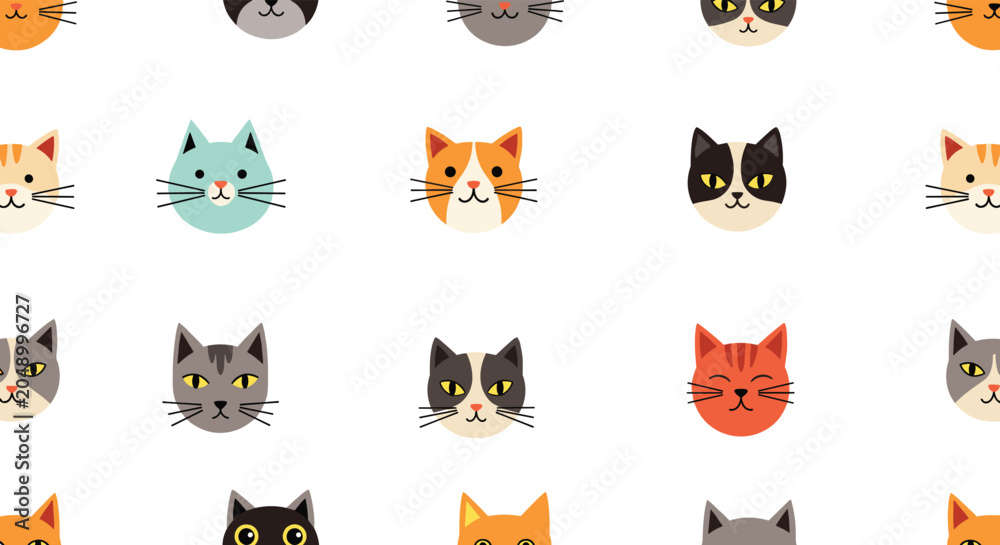 Fototapeta premium Seamless pattern featuring a colorful variety of cute cat and kitten faces with different fur patterns on a white background.