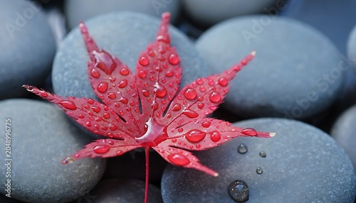 Vibrant red autumn leaf with water droplets on smooth gray stones in natural close-up