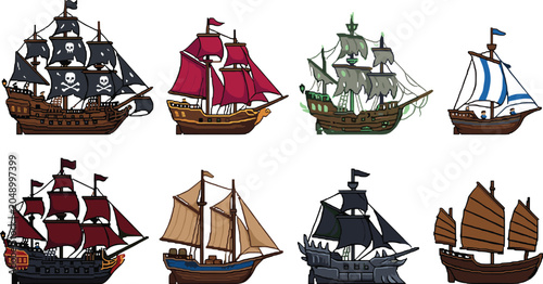 Sailing Ship and Pirate Vessel Collection Featuring Historic Tall Ships, Ghost Ships, Merchant Boats, and Nautical Maritime Illustrations
