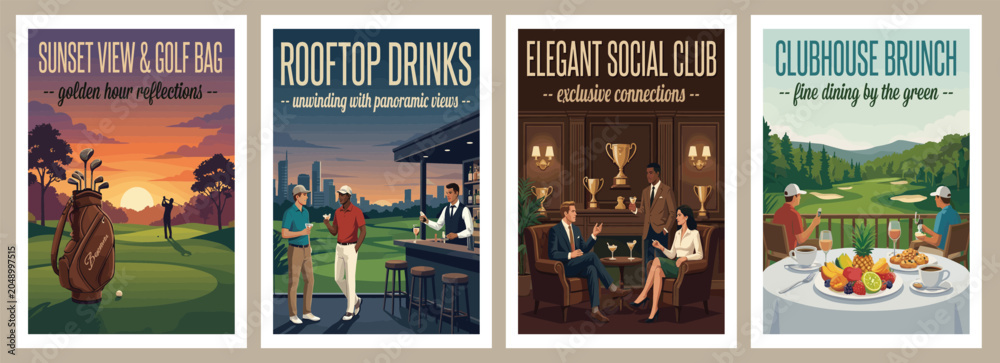 Obraz premium Vintage style luxury golf lifestyle travel poster set. Flat vector illustrations of modern locker room, morning course cafe, apparel outfit, and weekend getaway.