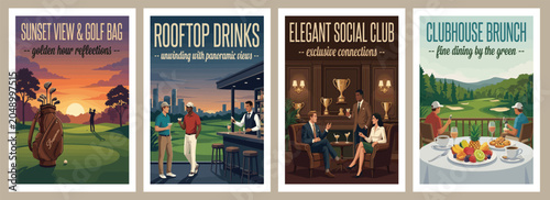 Vintage style luxury golf lifestyle travel poster set. Flat vector illustrations of modern locker room, morning course cafe, apparel outfit, and weekend getaway.