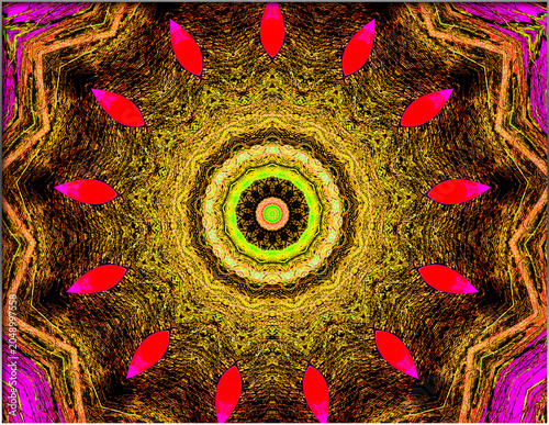 A complex geometric mandala features concentric circular patterns with vibrant colors. Red leaf shapes radiate outward, adding symmetry and balance.